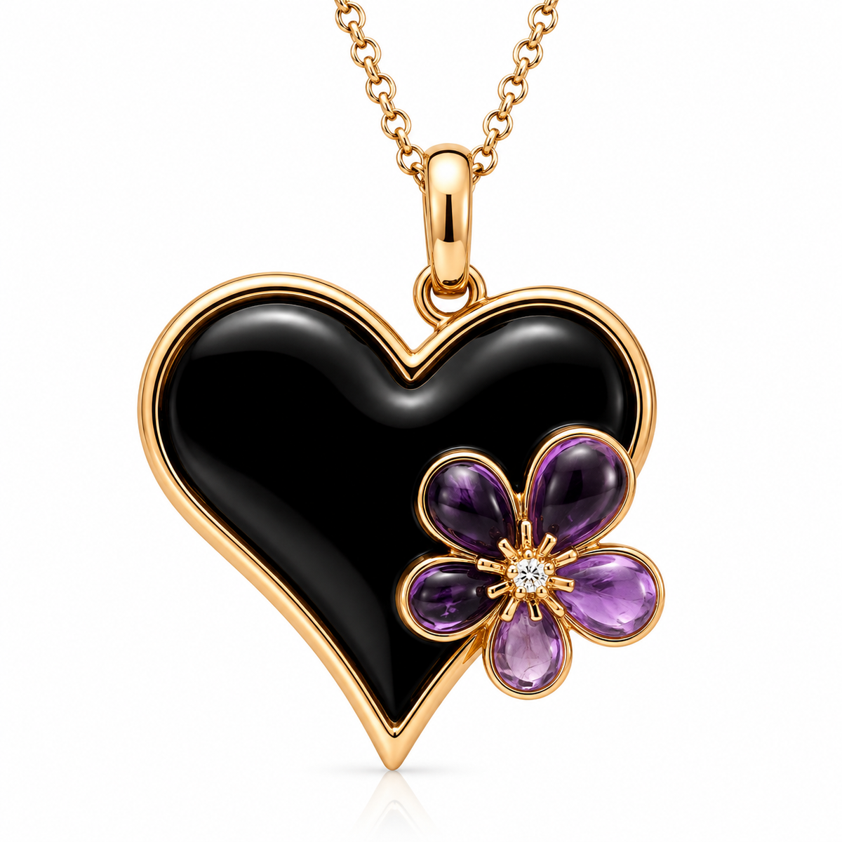 18ct Rose Gold Whitby Jet, Amethyst & Diamond Flower Heart Necklace