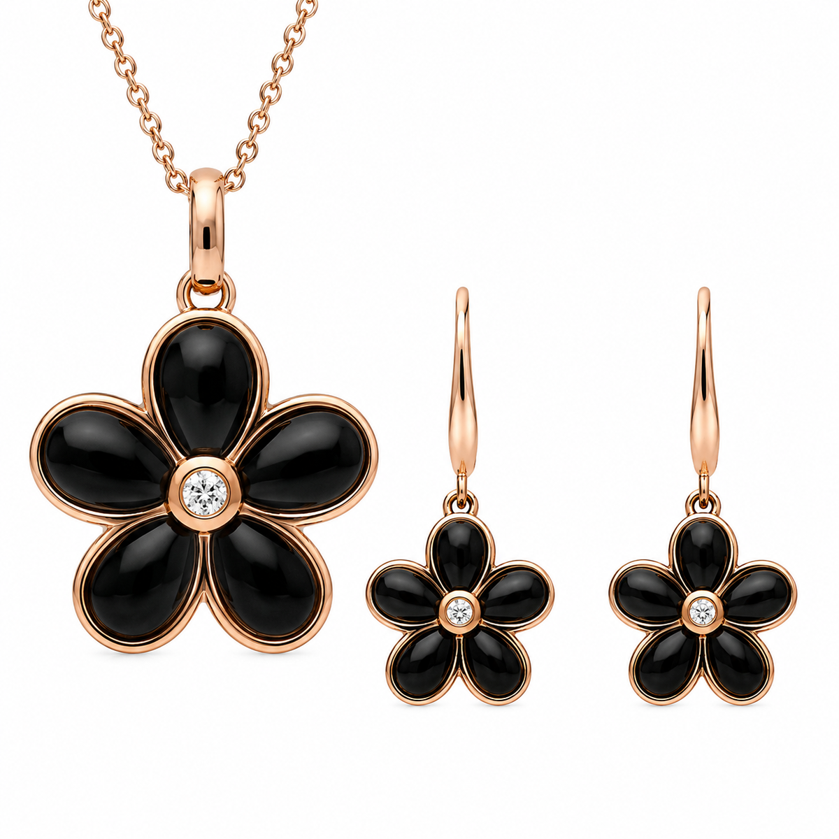 18ct Rose Gold Whitby Jet & Diamond Flower Two-Piece Jewellery Set