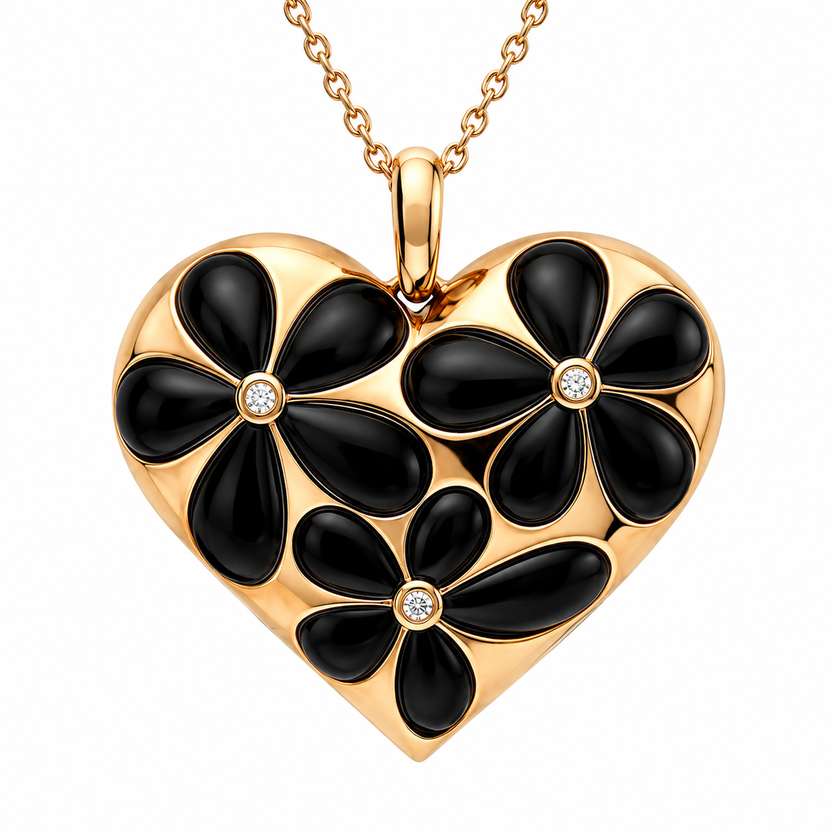 18ct Rose Gold Whitby Jet & Diamond Large Flower Heart Two-Piece Jewellery Set - Image 2