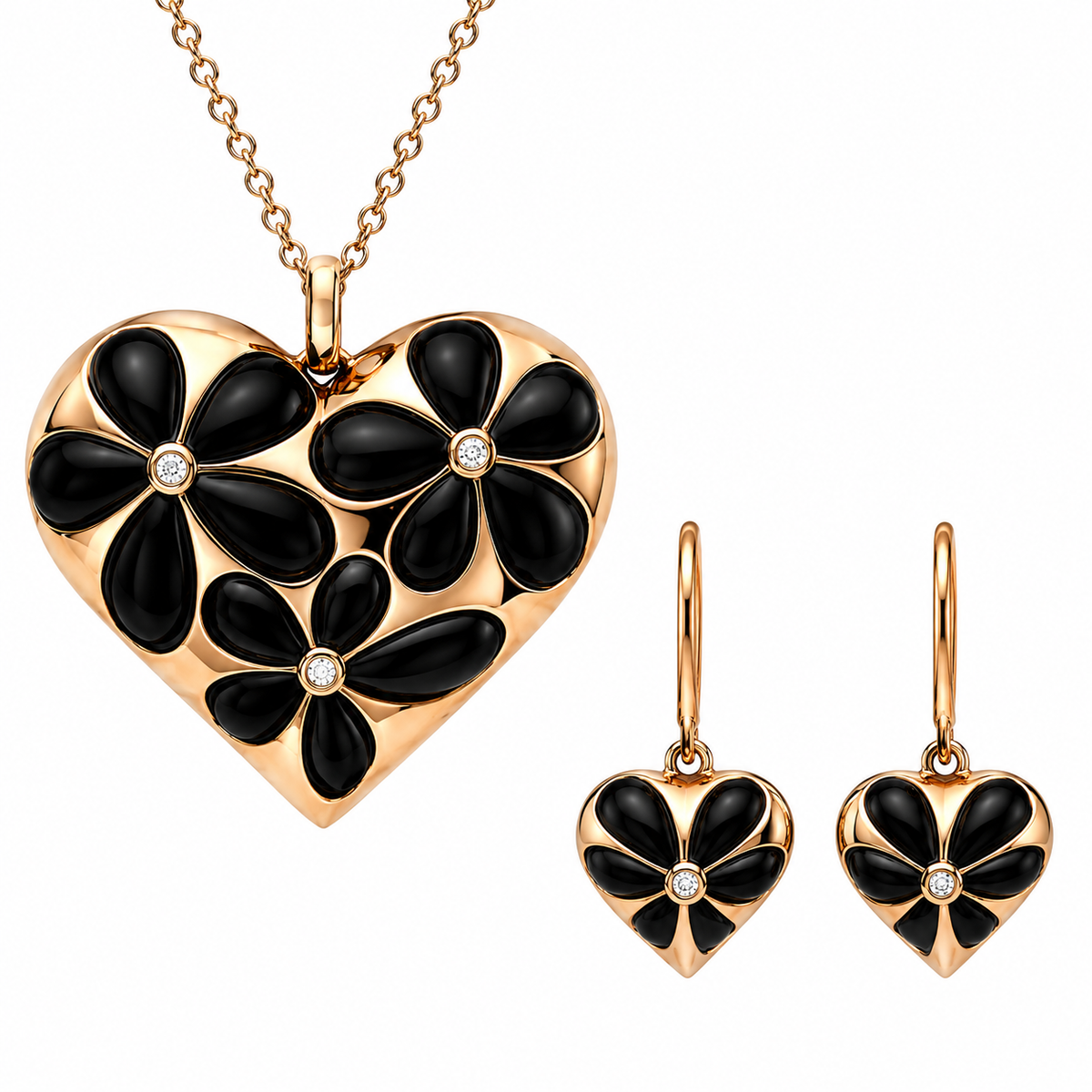 18ct Rose Gold Whitby Jet & Diamond Large Flower Heart Two-Piece Jewellery Set