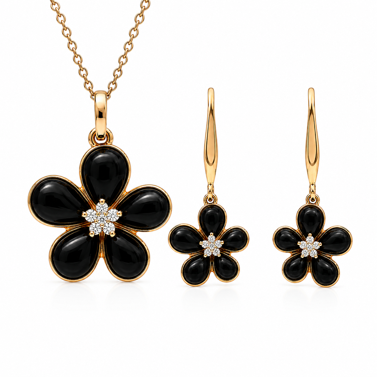 18ct Rose Gold Whitby Jet & Diamond Large Flower Two-Piece Jewellery Set