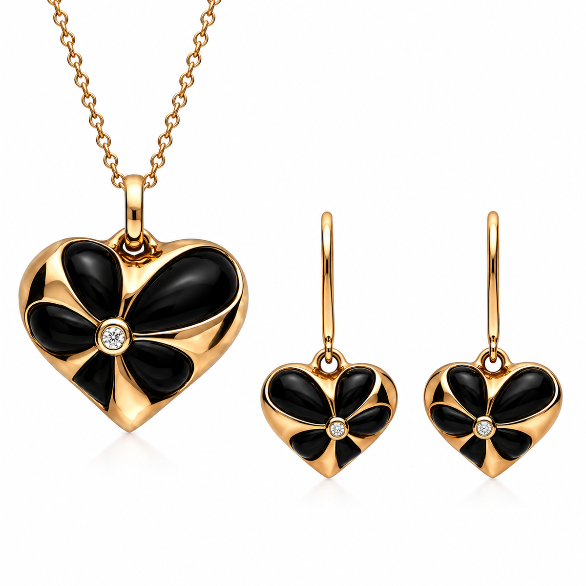 18ct Rose Gold Whitby Jet & Diamond Medium Flower Heart Two-Piece Jewellery Set