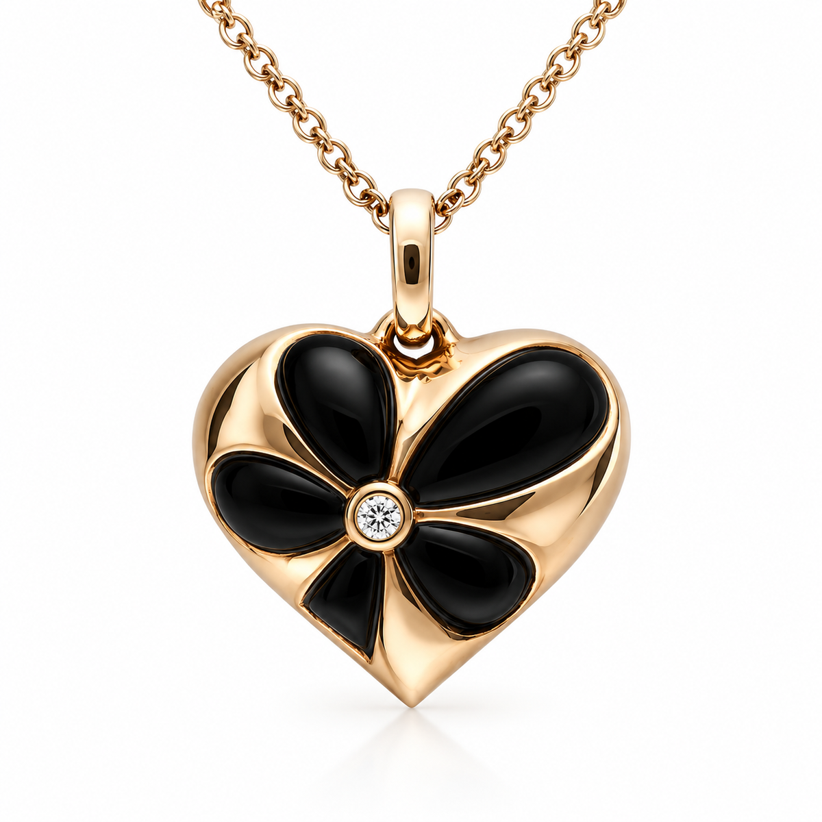 18ct Rose Gold Whitby Jet & Diamond Medium Heart Necklace