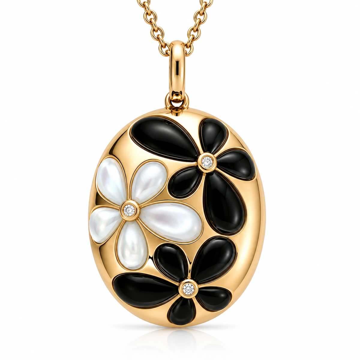 18ct Rose Gold Whitby Jet, Mother of Pearl & 0.02ct Diamond Necklace
