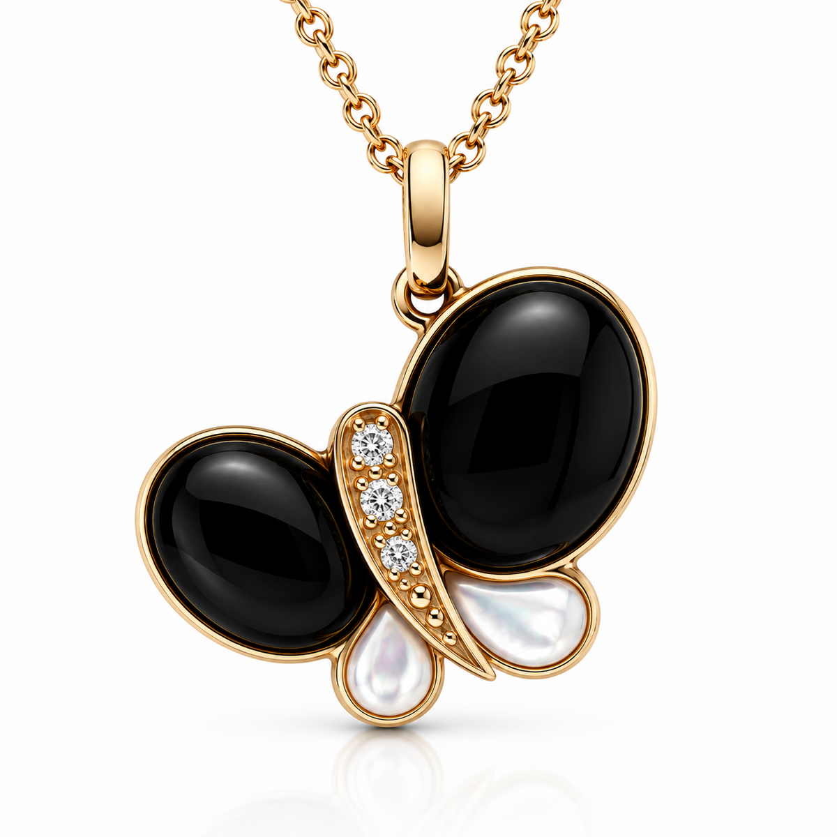 18ct Rose Gold Whitby Jet, Mother of Pearl & Diamond Butterfly Necklace