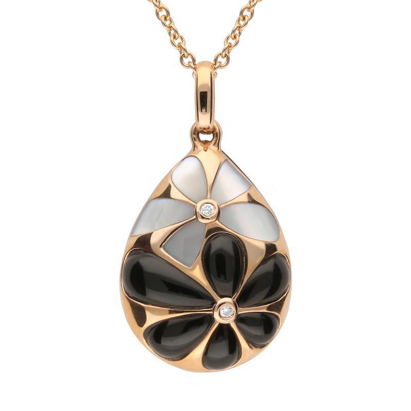 18ct Rose Gold Whitby Jet, Mother of Pearl & Diamond Flower Pear Two-Piece Jewellery Set - Image 2