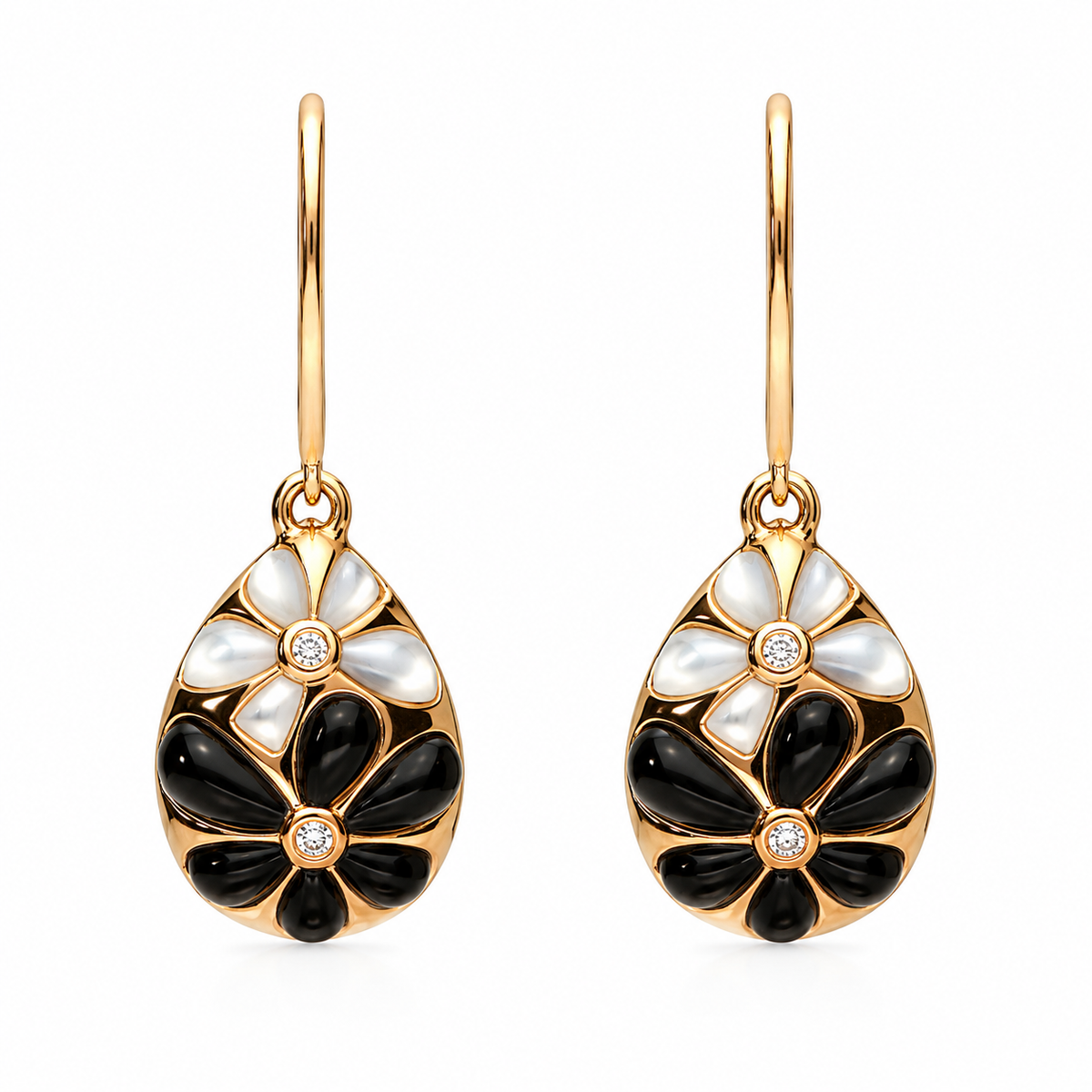 18ct Rose Gold Whitby Jet, Mother of Pearl & Diamond Flower Pear Two-Piece Jewellery Set - Image 3