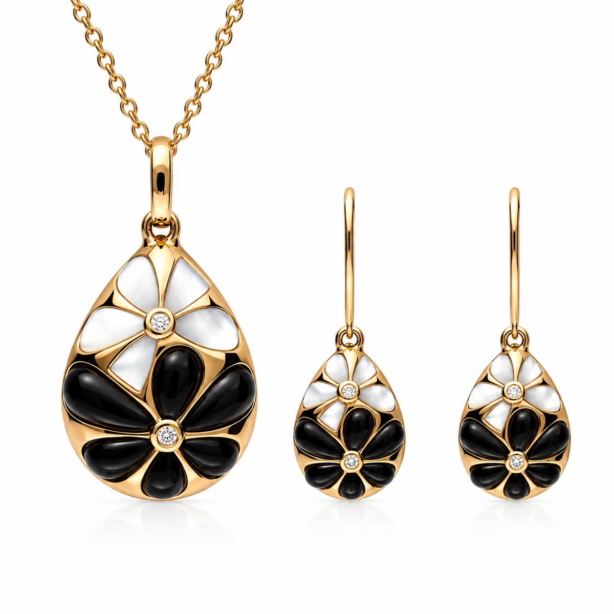 18ct Rose Gold Whitby Jet, Mother of Pearl & Diamond Flower Pear Two-Piece Jewellery Set