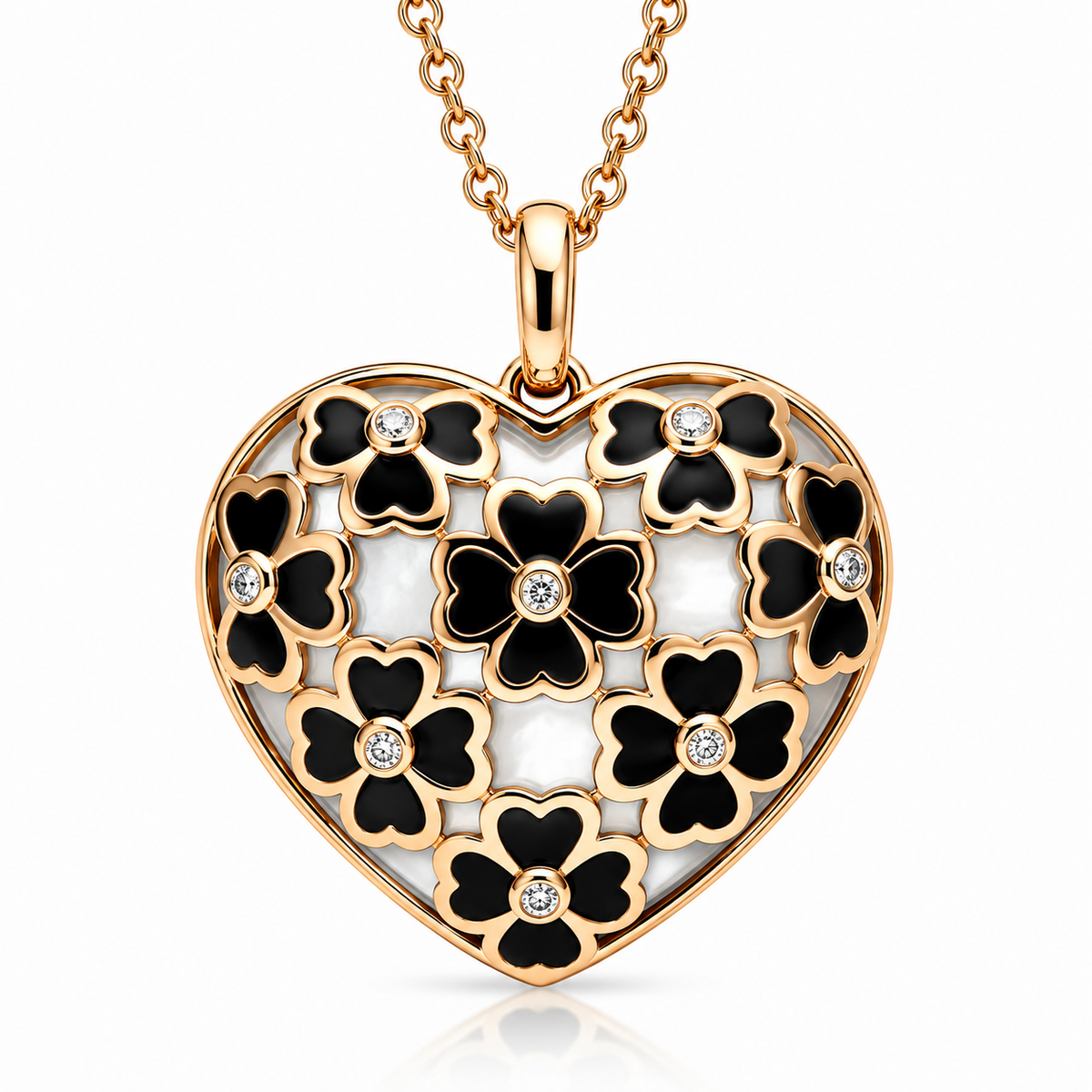 18ct Rose Gold Whitby Jet, Mother of Pearl & Diamond Heart Clover Necklace