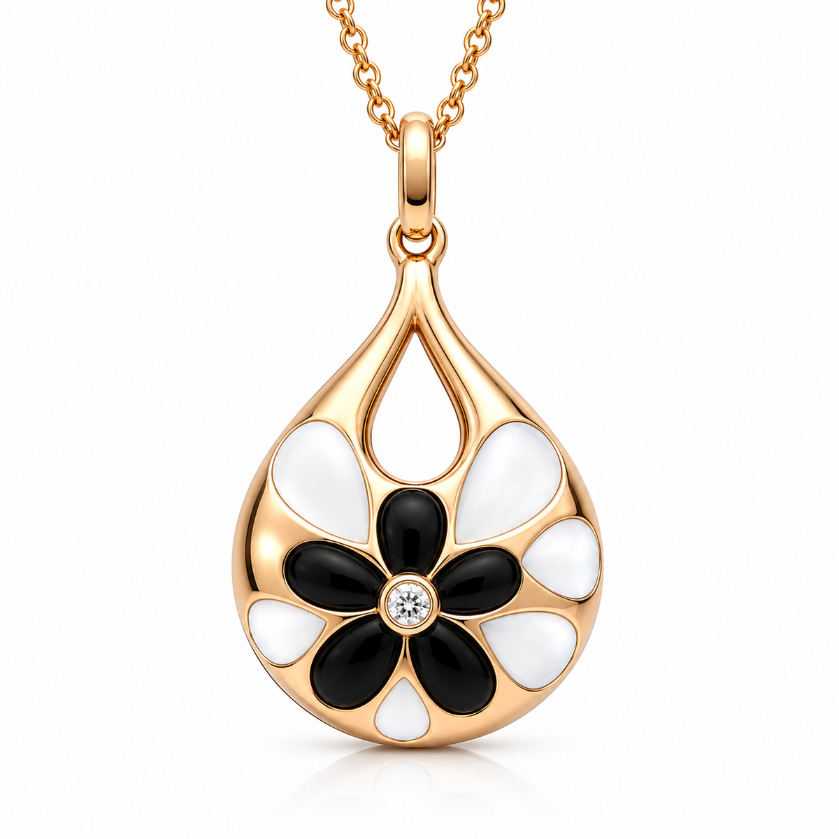 18ct Rose Gold Whitby Jet, Mother of Pearl & Diamond Teardrop Necklace