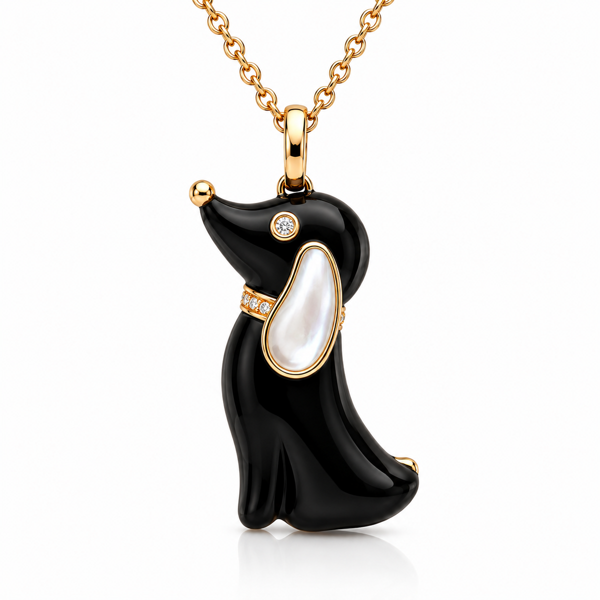 18ct Rose Gold Whitby Jet, White Mother of Pearl & Diamond Dog Necklace