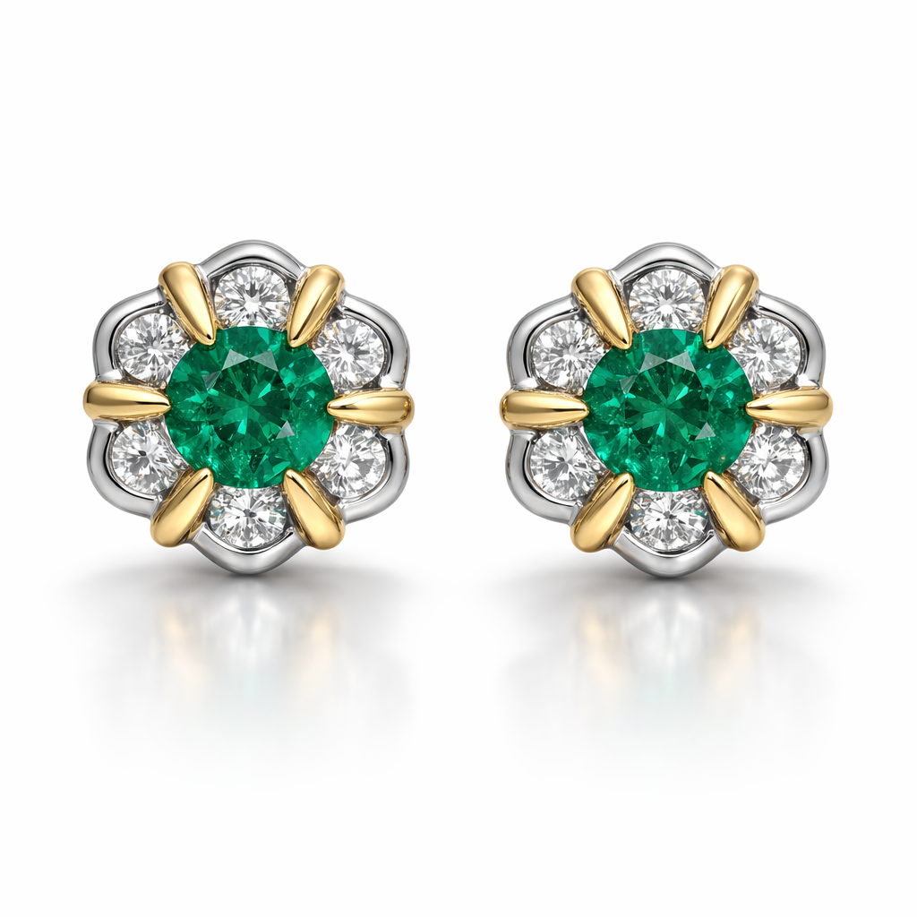 18ct White and Yellow Gold Emerald Diamond Flower Cluster Stud Earrings D882 Image 1