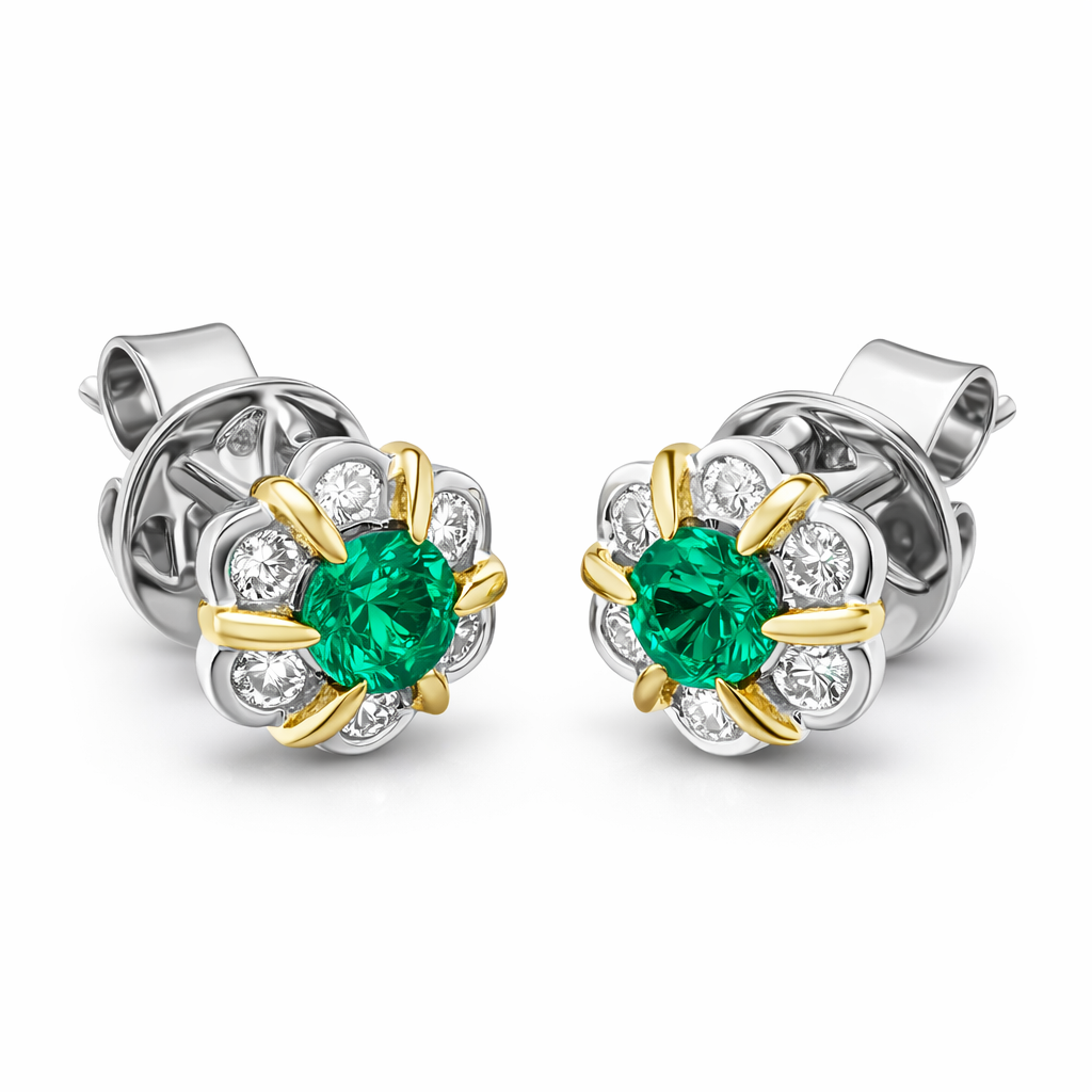 18ct White and Yellow Gold Emerald Diamond Flower Cluster Stud Earrings D882 Image 2