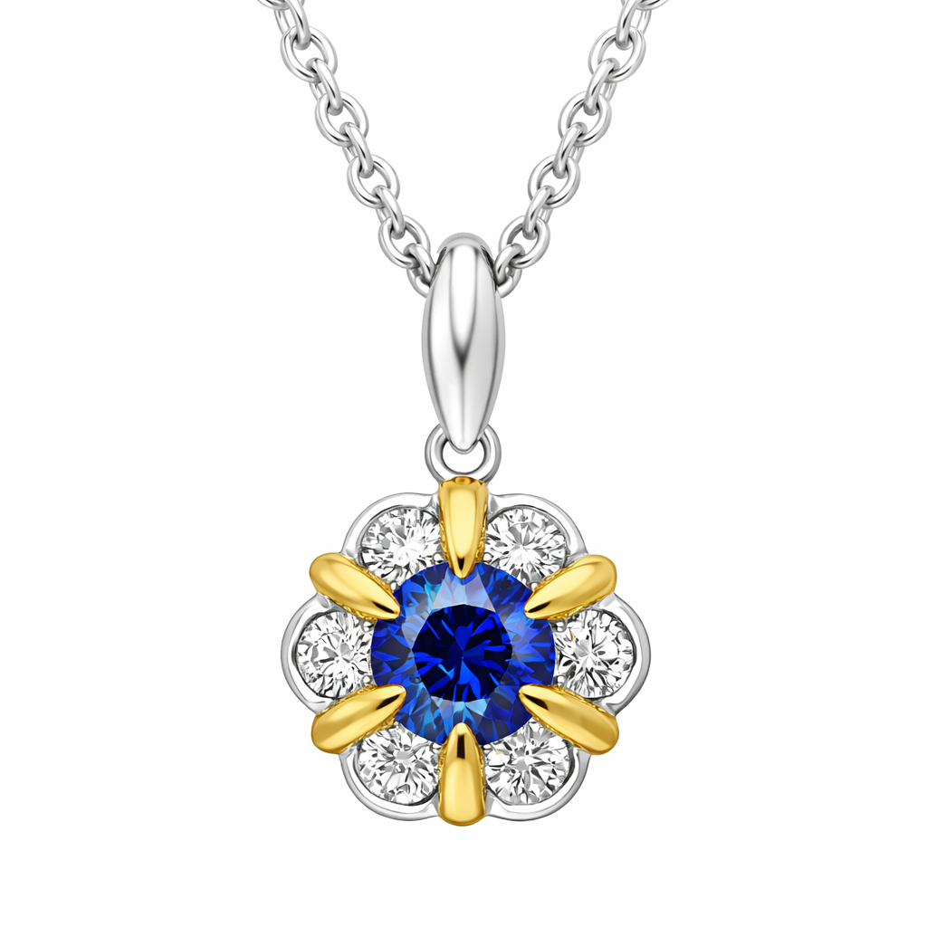18ct White and Yellow Gold Sapphire Diamond Cluster Flower Pendant B400 Image 1