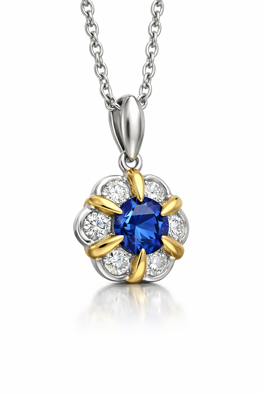 18ct White and Yellow Gold Sapphire Diamond Cluster Flower Pendant B400 Image 2