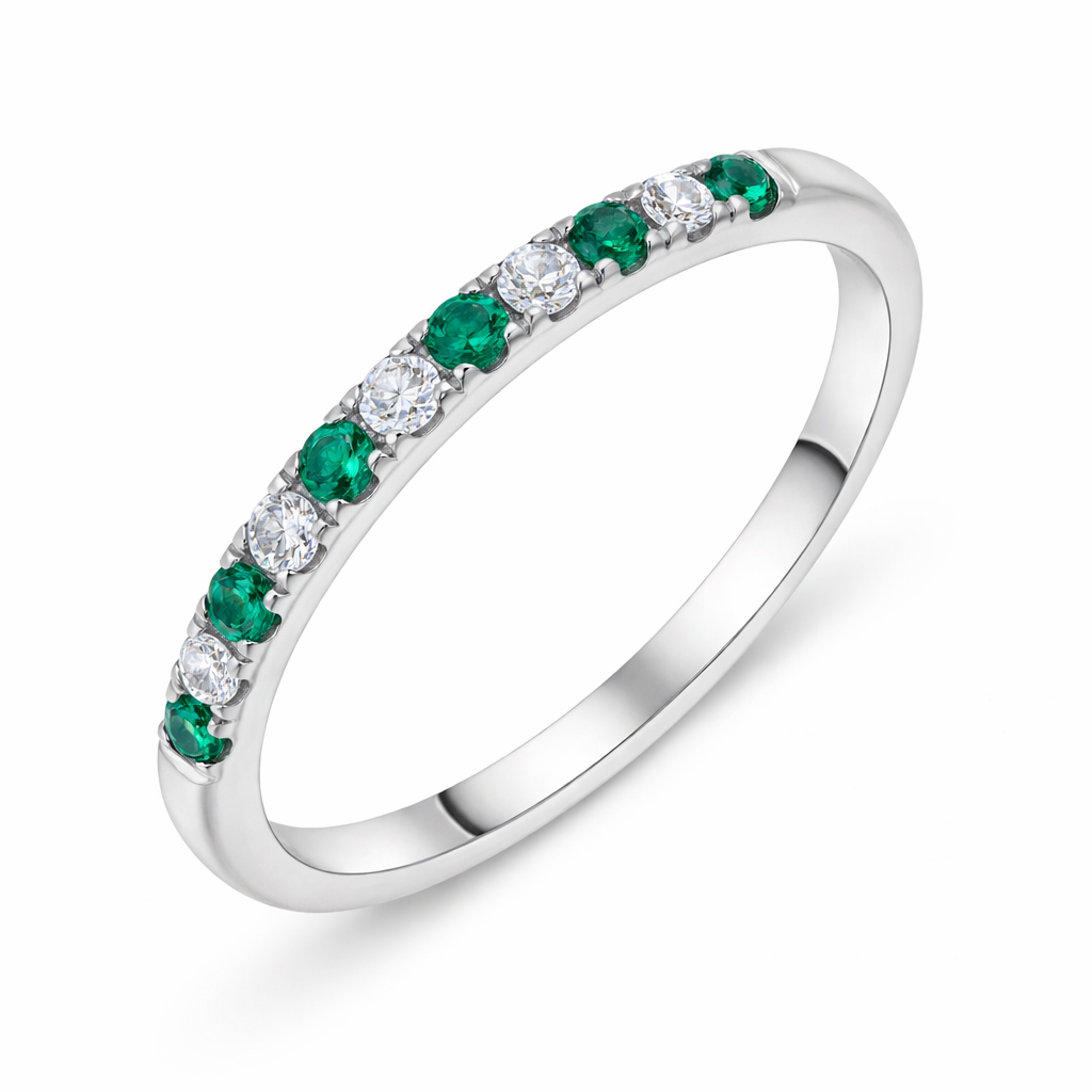 18ct White Gold 0.09ct Emerald 0.08ct Diamond Castle Half Set Eternity Ring J830 Image 1