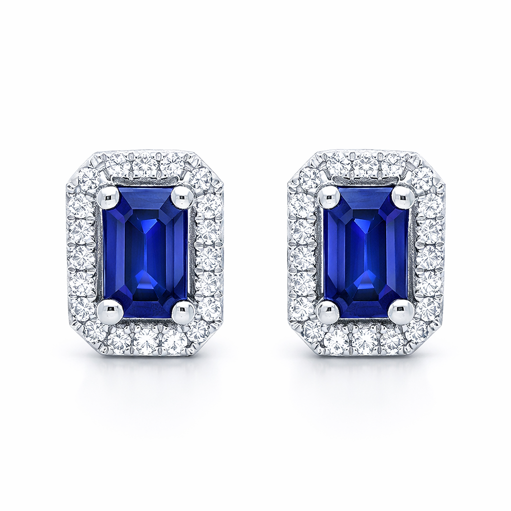 18ct White Gold 0.12ct Diamond 0.71ct Sapphire Ecut Claw Pavé Cluster Earrings D808 Image 1