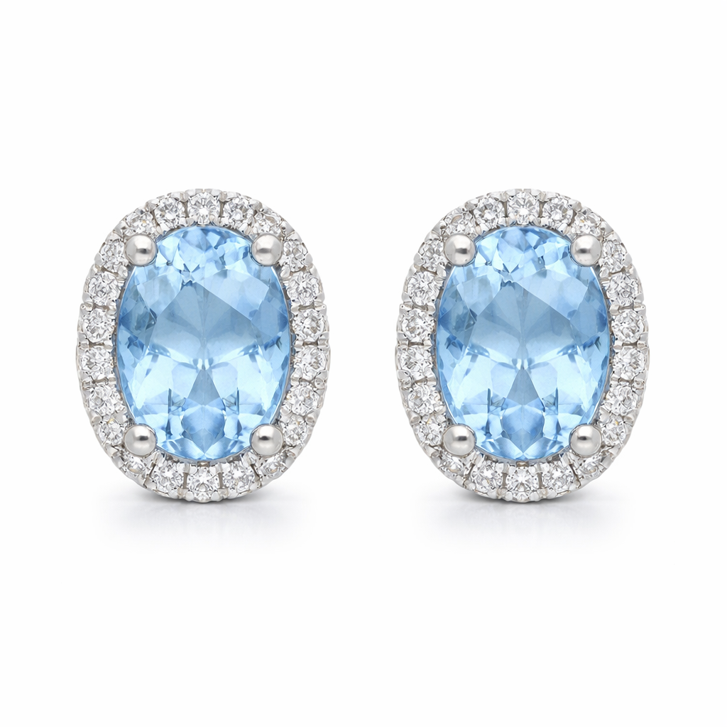 18ct White Gold 0.15ct Diamond & 1.54ct Aquamarine Oval Cluster Earrings 59737AQ Image 1
