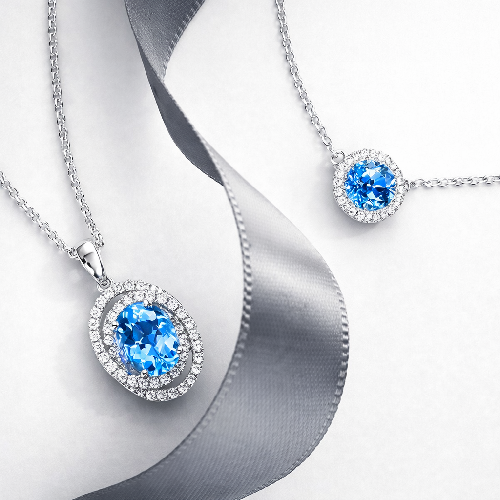 18ct White Gold 0.25ct Aquamarine Diamond Halo Necklace DMN-2035 Image 2