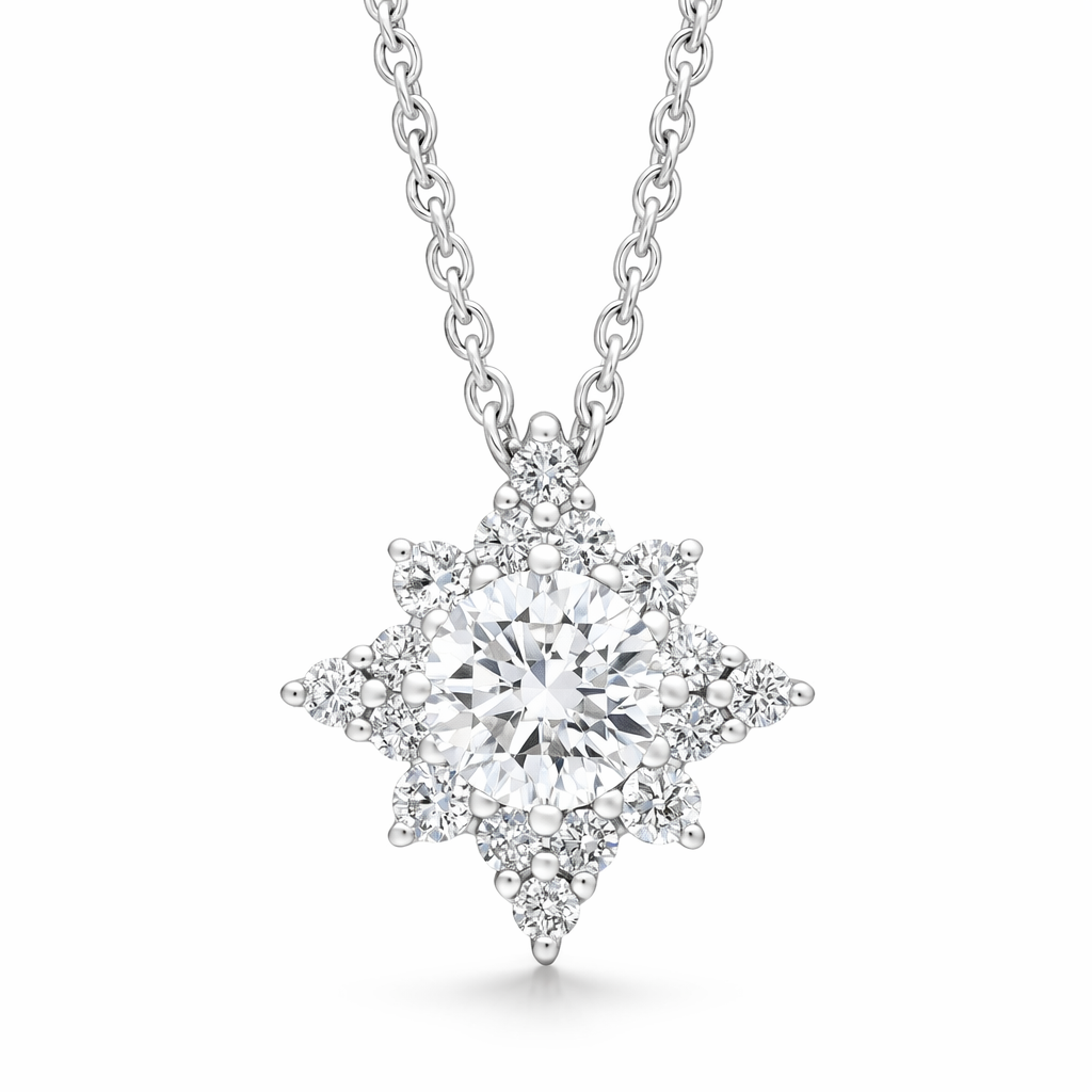 18ct White Gold 0.31ct Diamond 0.19ct Round Star Diamond Cluster Pendant & Chain DMN-3052 Image 1