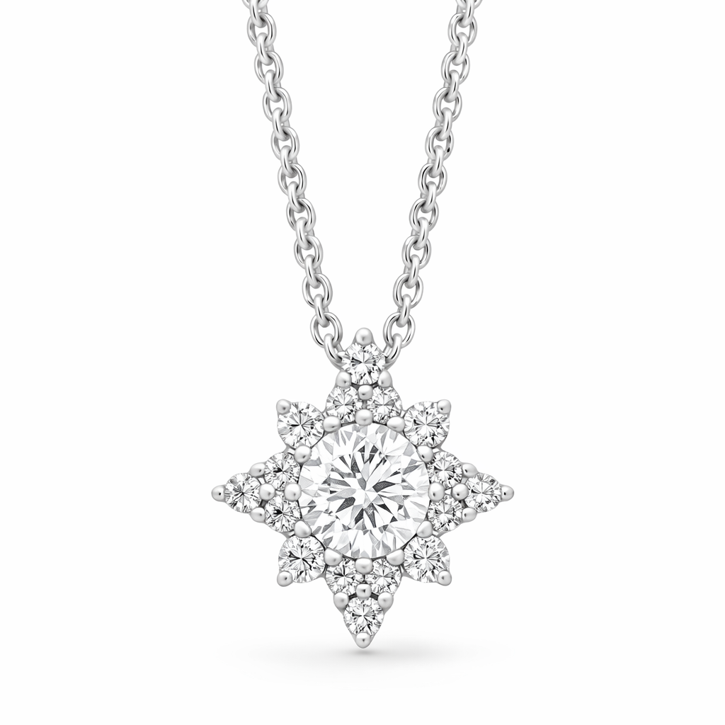18ct White Gold 0.31ct Diamond 0.19ct Round Star Diamond Cluster Pendant & Chain DMN-3052 Image 2