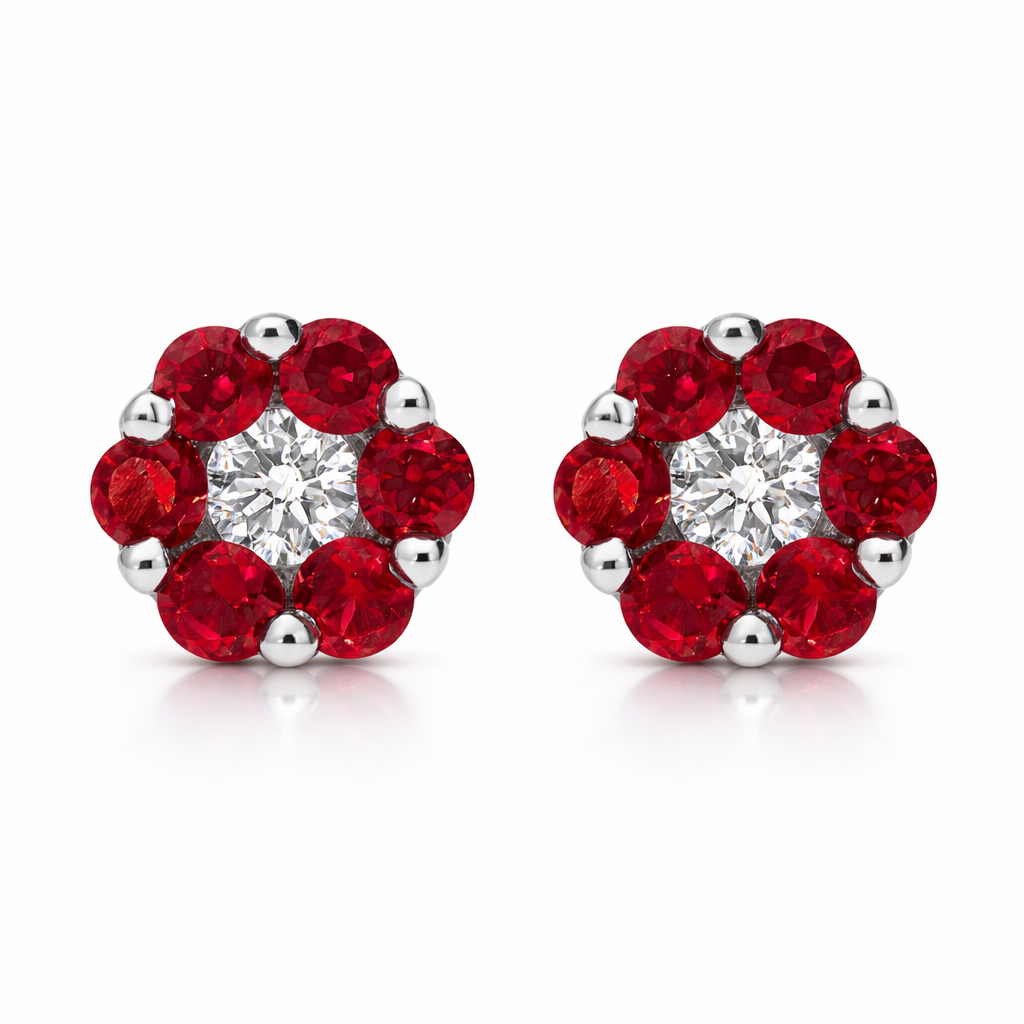18ct White Gold 0.42ct Ruby Diamond Cluster Earrings DMN-176 Image 1