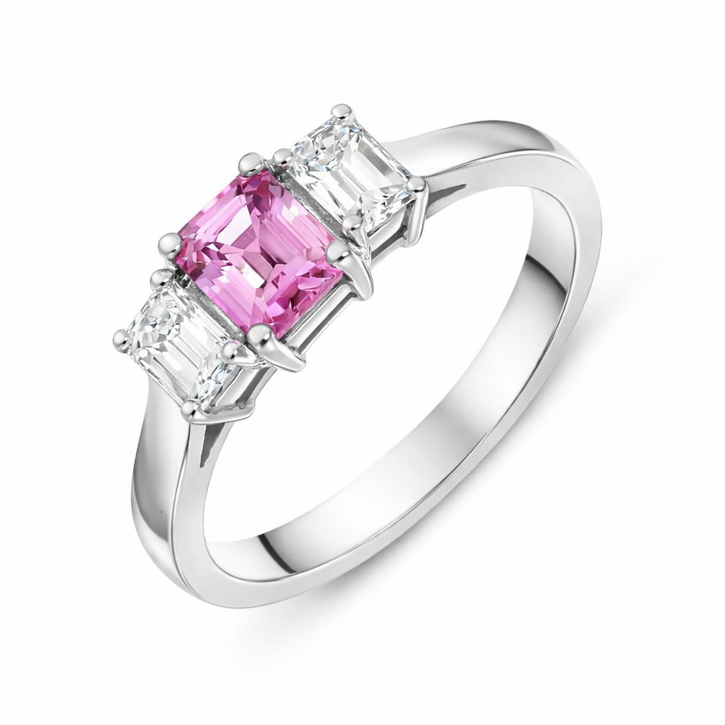 18ct White Gold 0.45ct Pink Sapphire 0.55ct Diamond Trilogy Ring DMN-959 Image 1