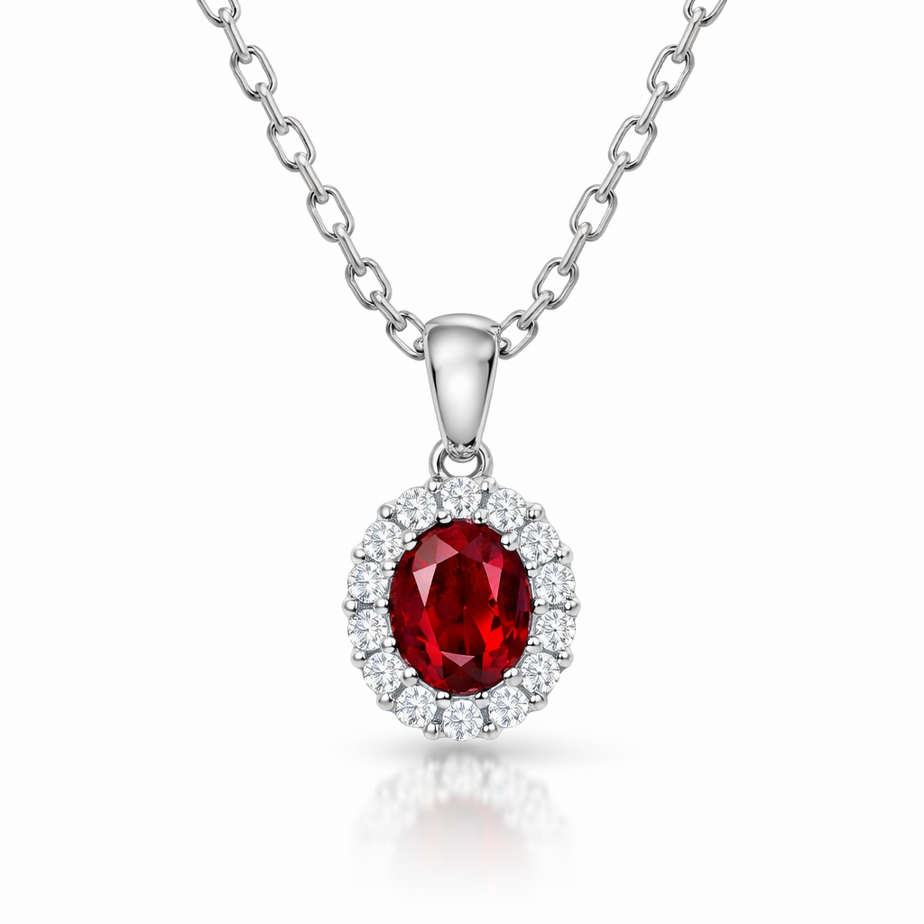 18ct White Gold 0.45ct Ruby Diamond Oval Cluster Necklace DMN-1370 Image 1