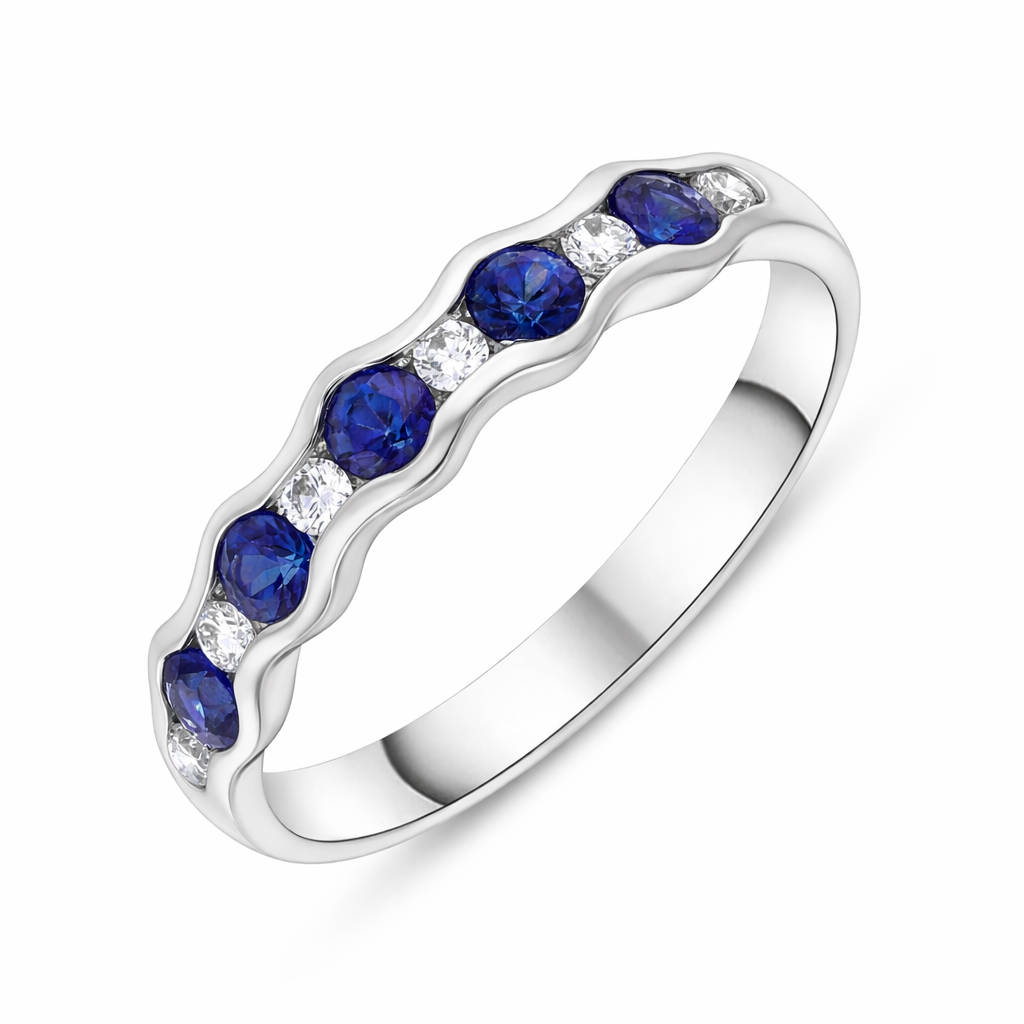 18ct White Gold 0.48ct Sapphire 0.12ct Diamond Half Eternity Wave Ring DMN-2966 Image 1