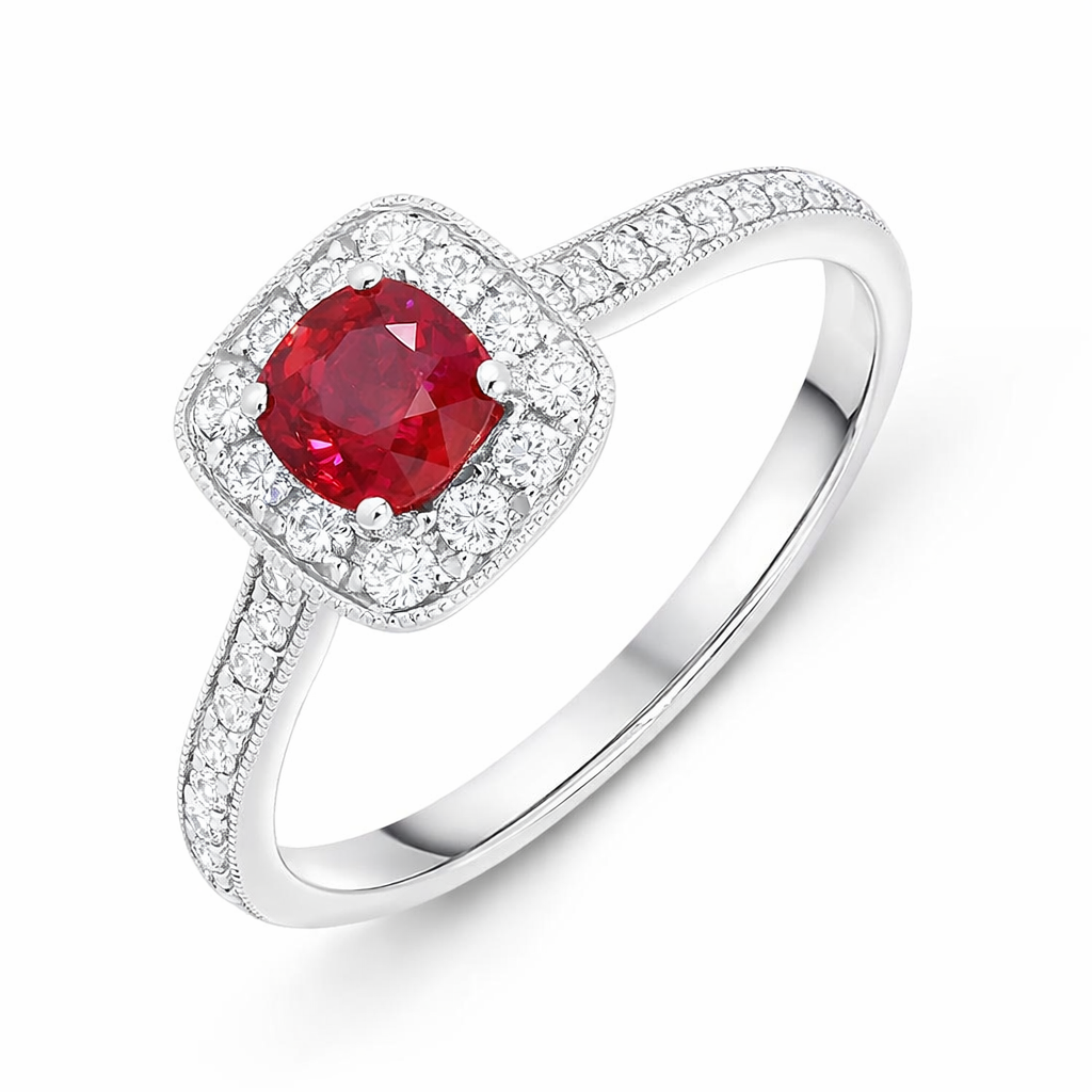 18ct White Gold 0.49ct Ruby Diamond Cushion Ring DMN-1319 Image 1