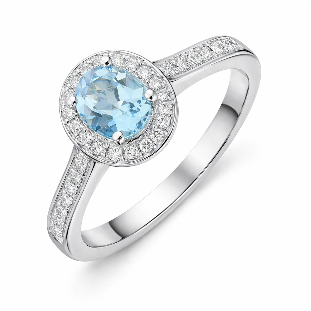 18ct White Gold 0.57ct Aquamarine Diamond Oval Ring DMN-1940 Image 1