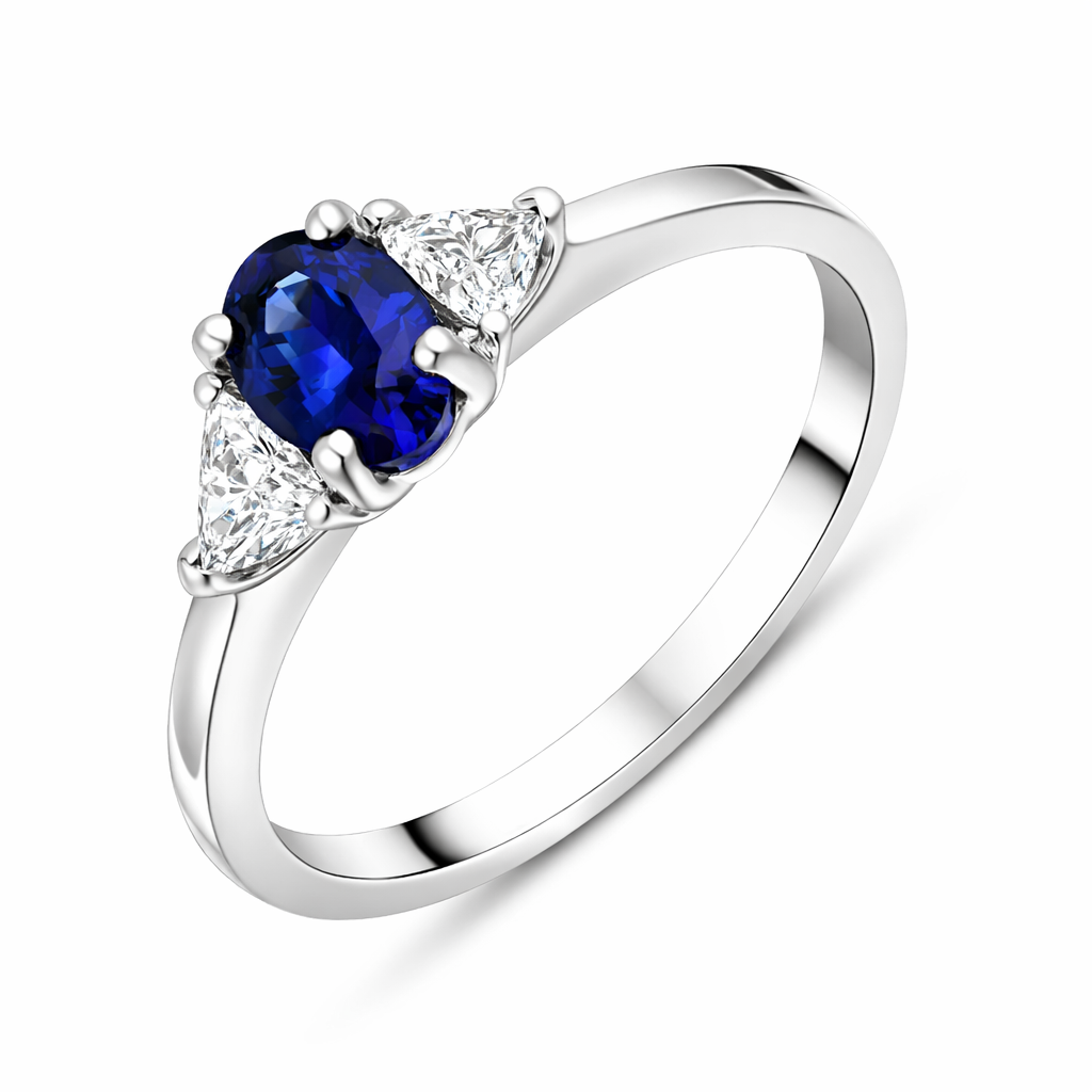 18ct White Gold 0.60ct Sapphire Diamond Oval and Trilliant Cut Three Stone Ring D663 Image 1