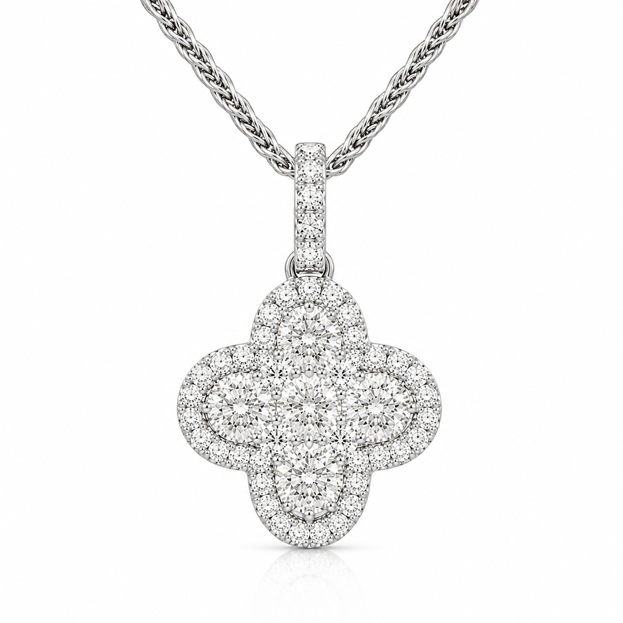 18ct White Gold 0.61ct Round Brilliant Diamond Clover Cluster Pendant & Chain DMN-3053 Image 1