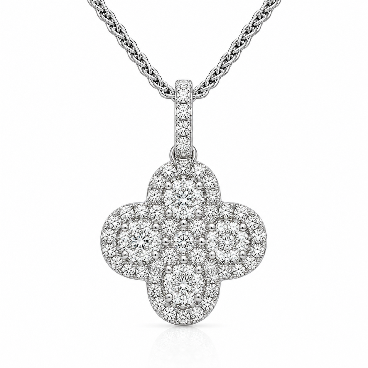 18ct White Gold 0.61ct Round Brilliant Diamond Clover Cluster Pendant & Chain DMN-5000 Image 1