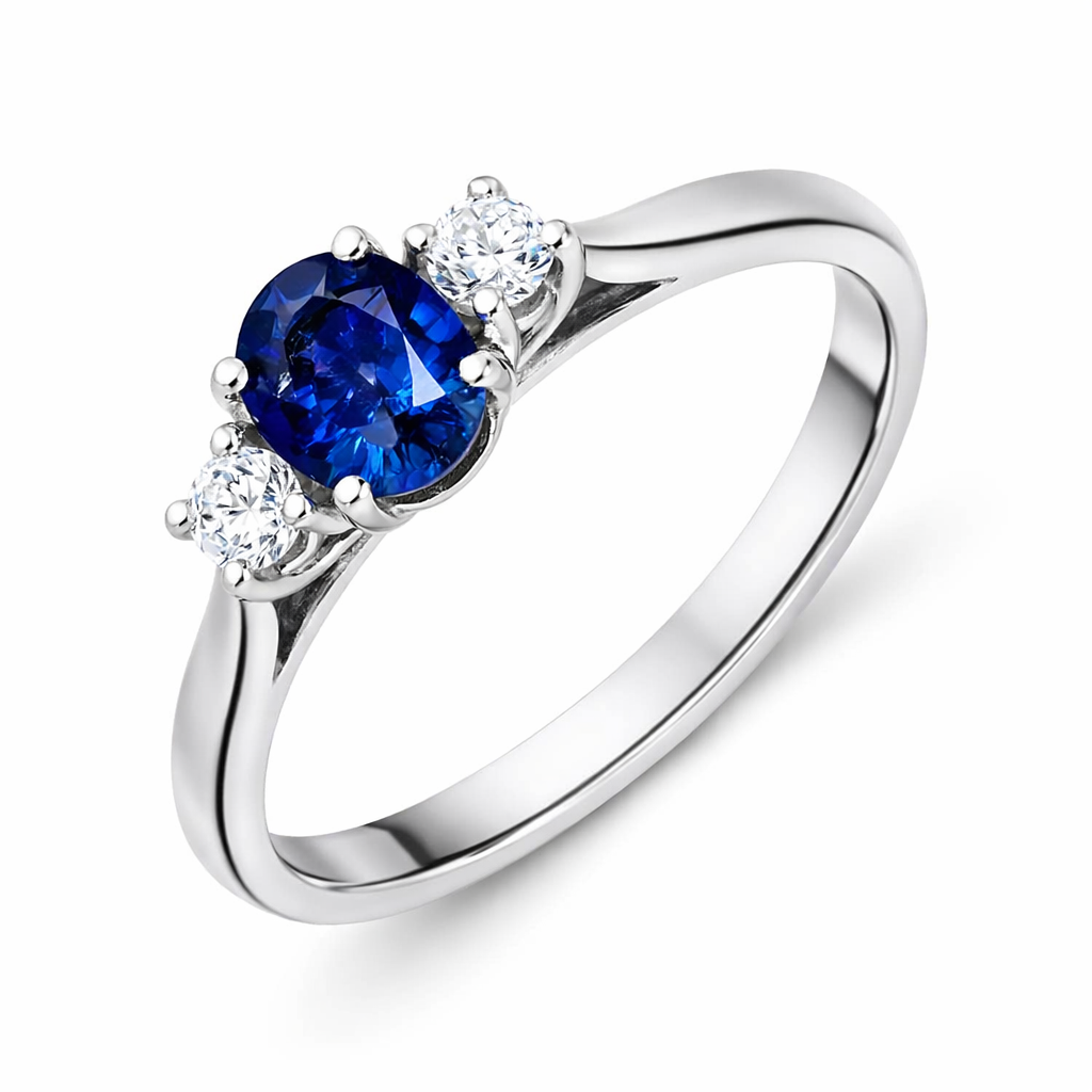 18ct White Gold 0.70ct Sapphire Diamond Oval Trilogy Ring DMN-1244 Image 1