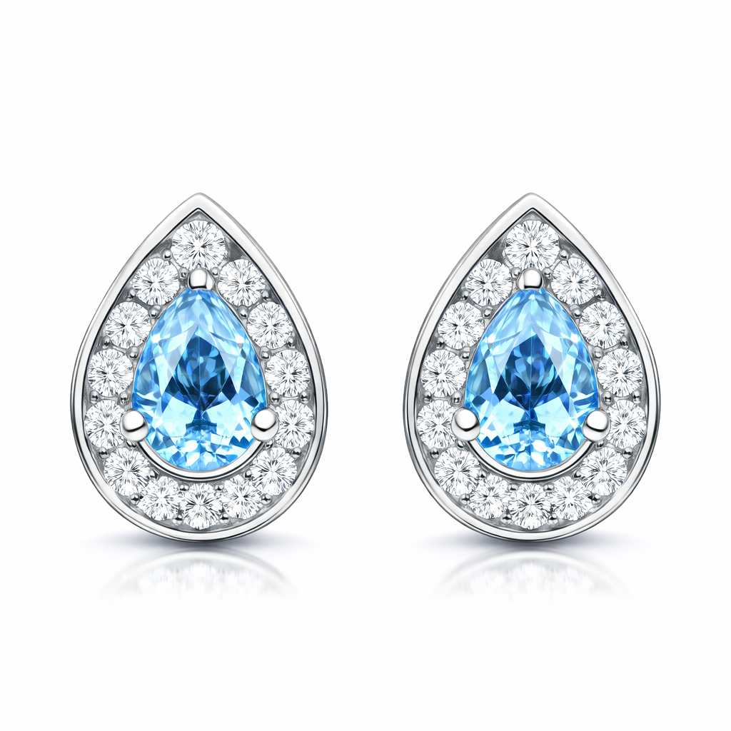 18ct White Gold 0.80ct Aquamarine Diamond Pear Stud Earrings DMN-1932 Image 1