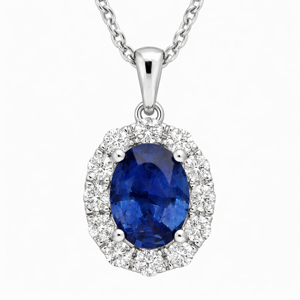 18ct White Gold 0.80ct Sapphire and Diamond Swirl Necklace DMN-1383 Image 1