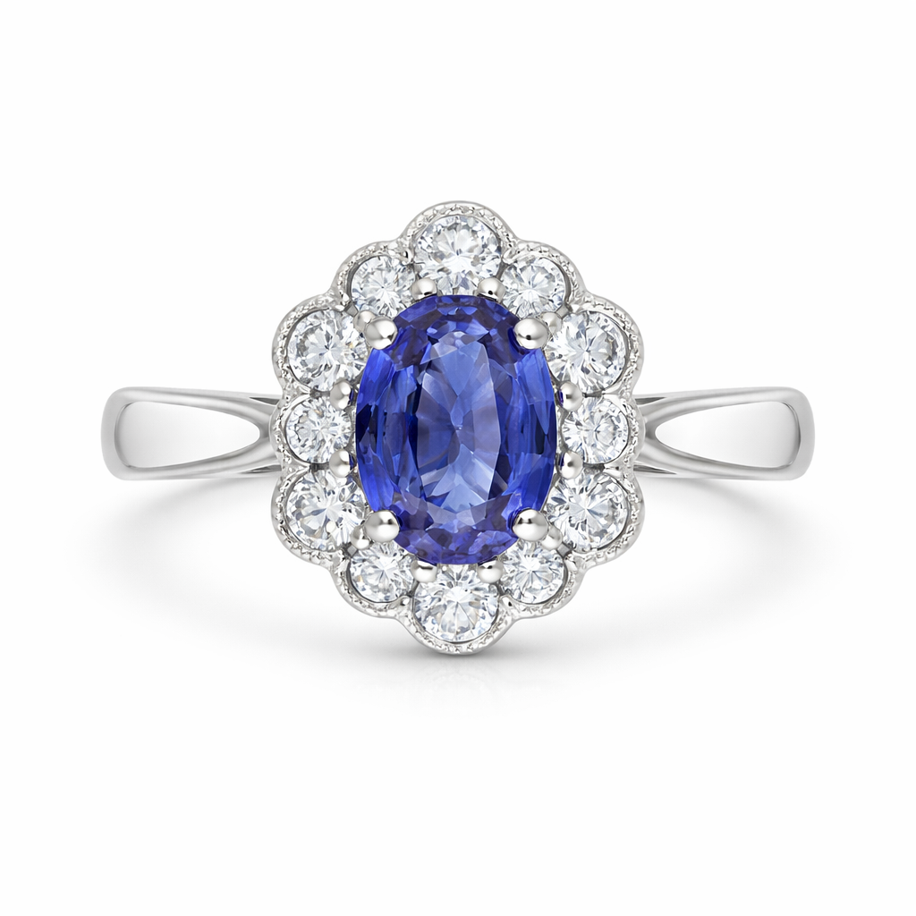 18ct White Gold 0.80ct Sapphire Diamond Oval Cluster Halo Ring 24991 Image 2