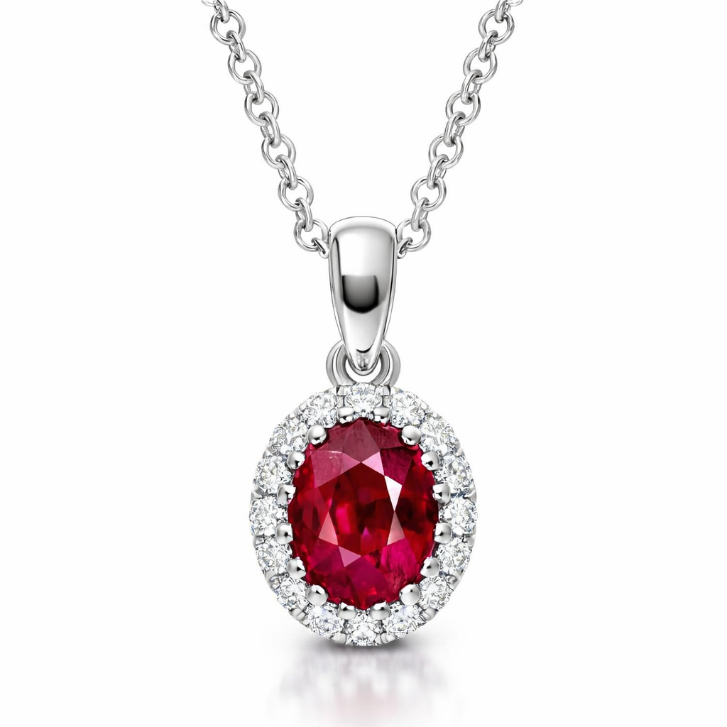 18ct White Gold 0.81ct Ruby Diamond Oval Cluster Necklace DMN-2000 Image 1
