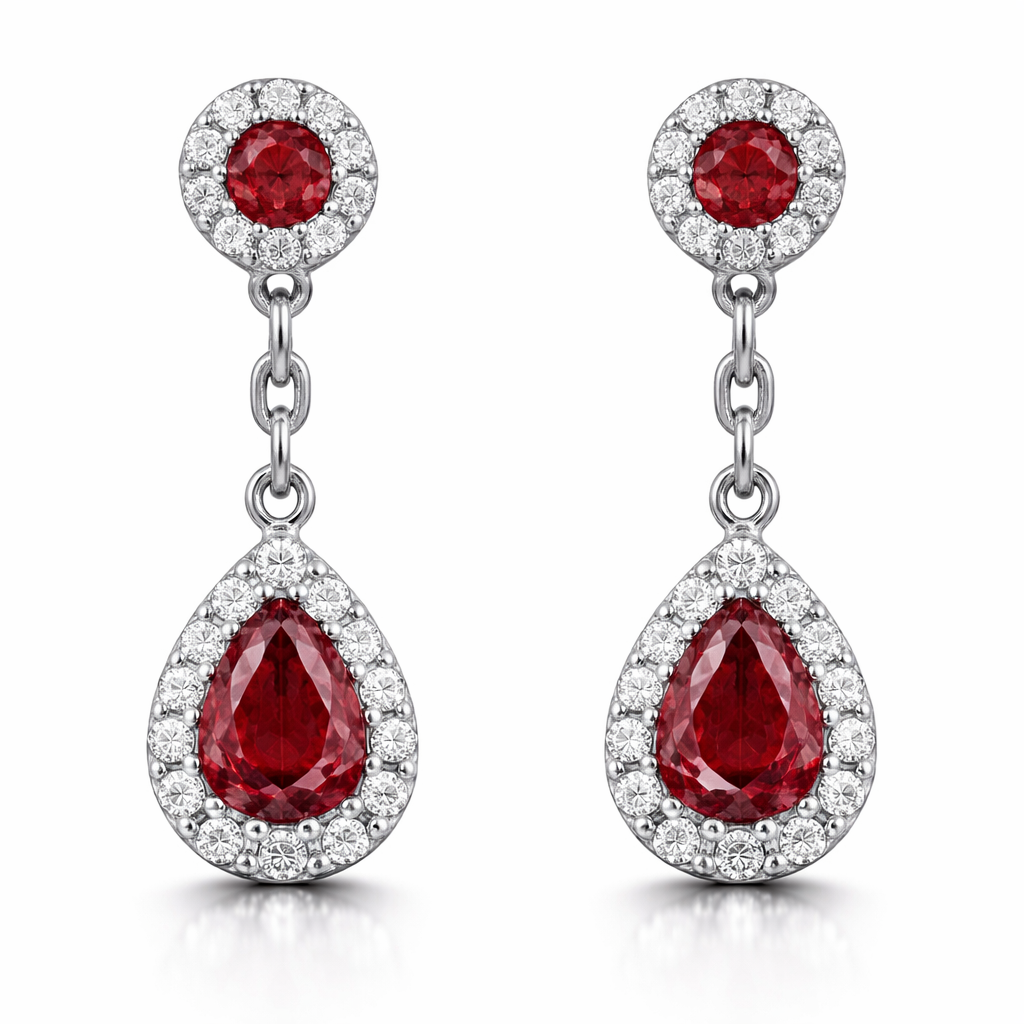 18ct White Gold 0.85ct Ruby Diamond Pear Cluster Drop Earrings DMN-061 Image 1