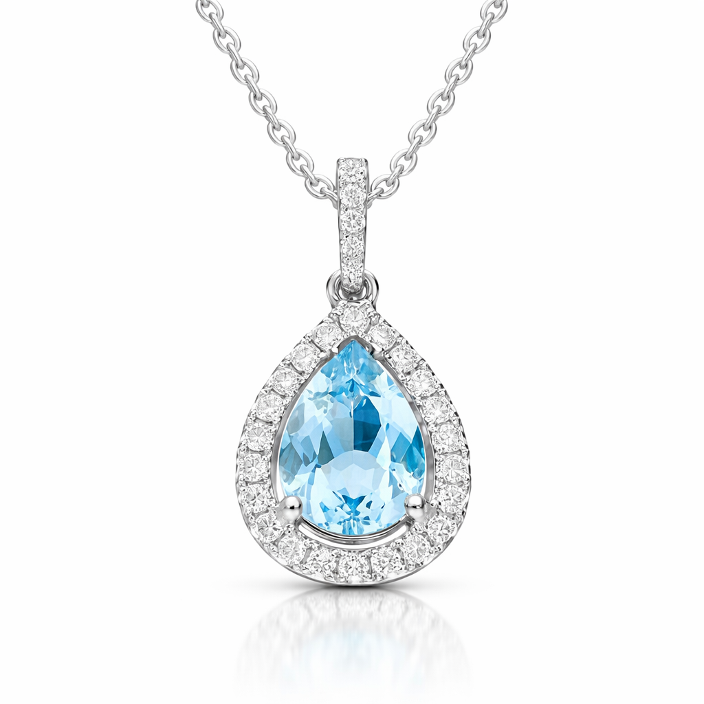 18ct White Gold 0.86ct Aquamarine 0.21ct Diamond Pear Cut Necklace DMN-1935 Image 1