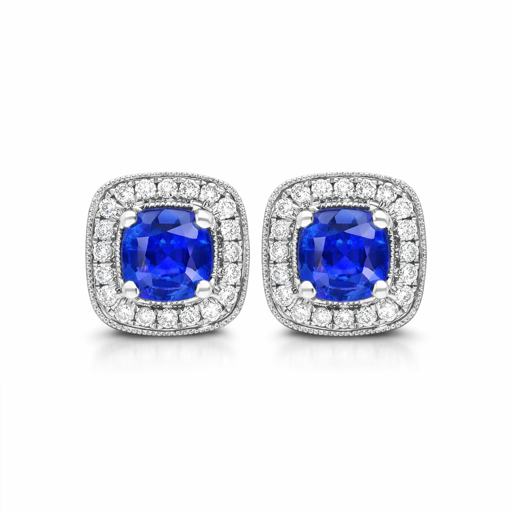 18ct White Gold 0.95ct Sapphire 0.19ct Diamond Pave Stud Earrings H787 Image 1