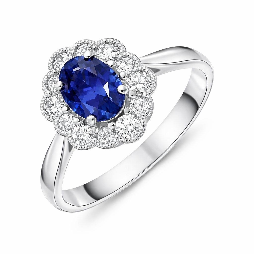 18ct White Gold 0.98ct Sapphire 0.40ct Diamond Flower Cluster Ring DMN-1687 Image 1