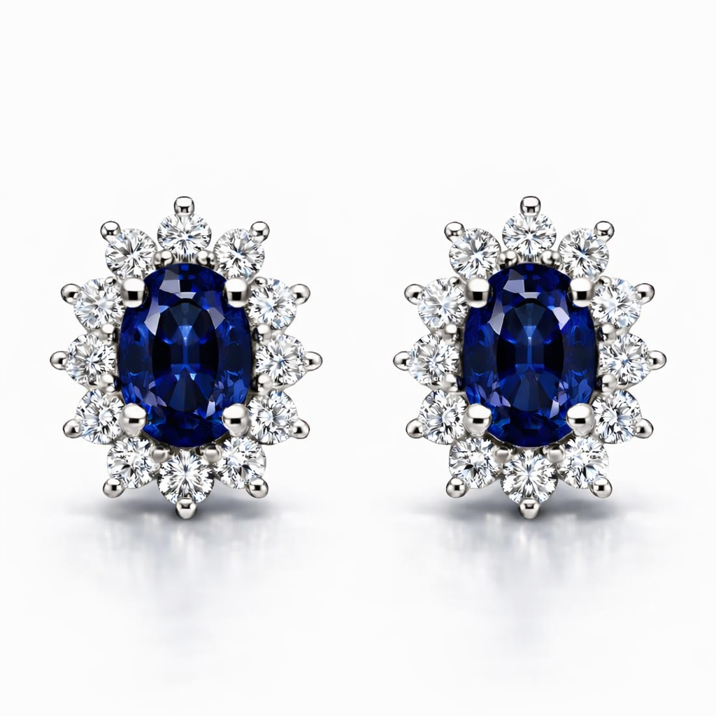 18ct White Gold 0.98ct Sapphire Diamond Oval Cut Cluster Earrings DMN-1936 Image 1