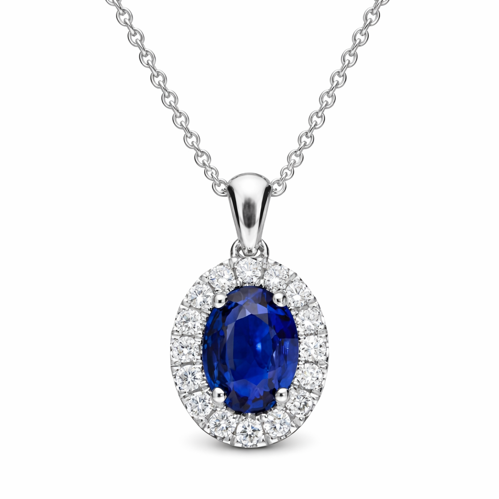 18ct White Gold 1.01ct Sapphire Diamond Oval Cluster Necklace DMN-1983 Image 1