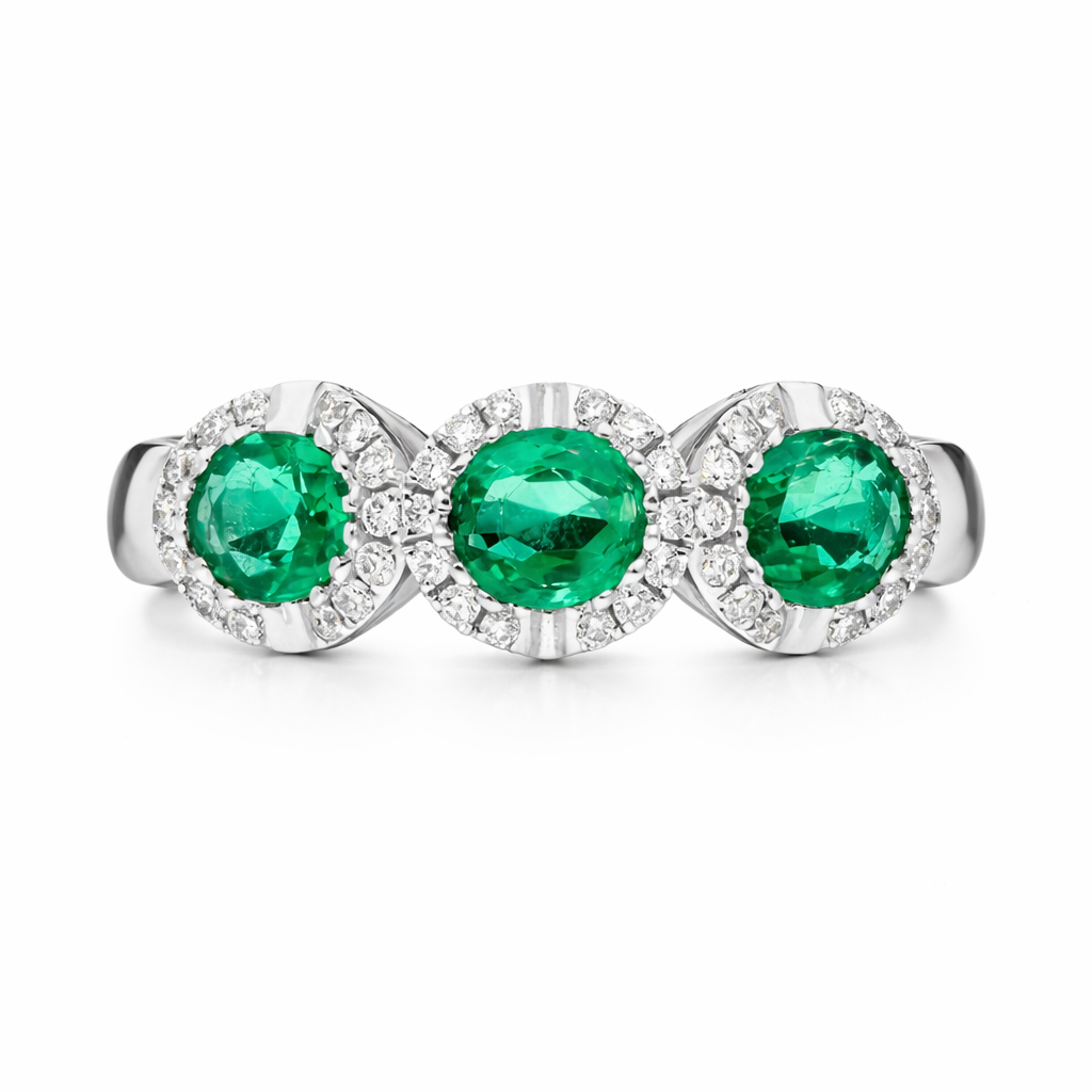 18ct White Gold 1.11ct Emerald 0.19ct Diamond Trilogy Cluster Ring DMN-2288 Image 2
