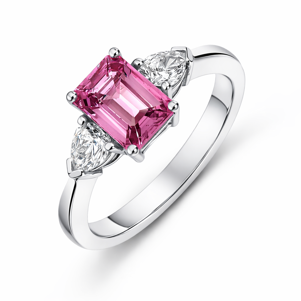 18ct White Gold 1.14ct Pink Sapphire and Diamond Trilogy Ring DMN-961 Image 1