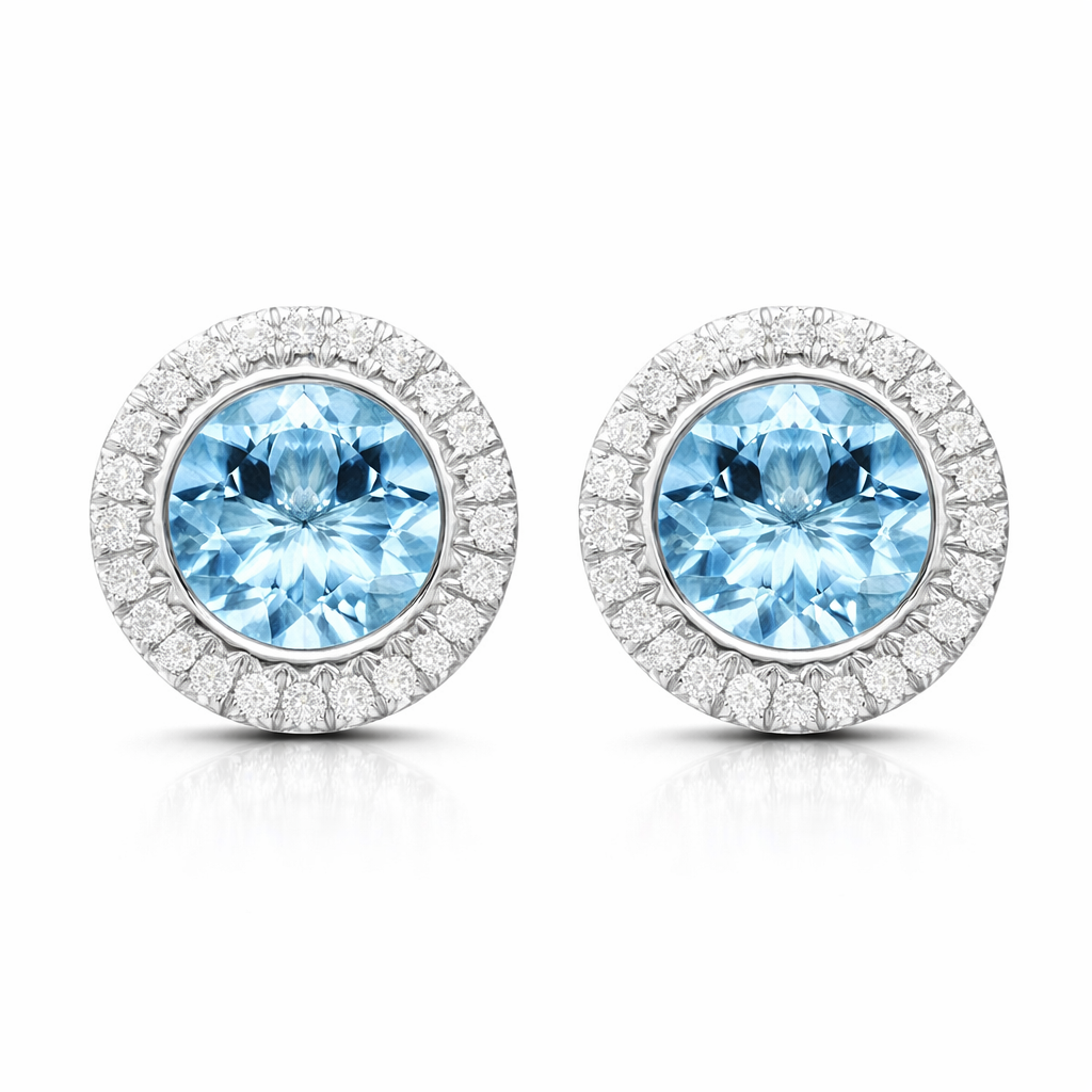 18ct White Gold 1.20ct Aquamarine 0.12ct Diamond Halo Stud Earrings DMN-1984 Image 1