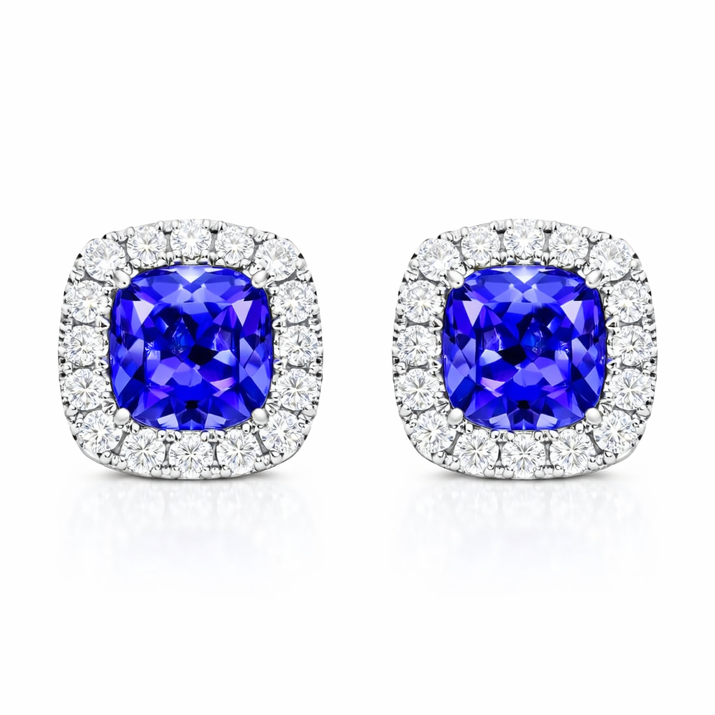 18ct White Gold 1.25ct Tanzanite 0.21ct Diamond Cushion Cut Stud Earrings DMN-2028 Image 1