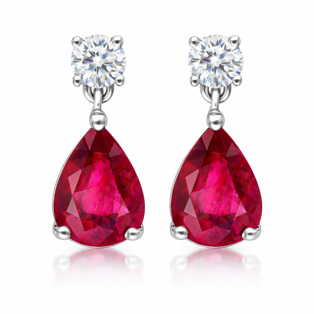 18ct White Gold 1.34ct Ruby 0.21ct Diamond Pear Drop Earrings J523 Image 1
